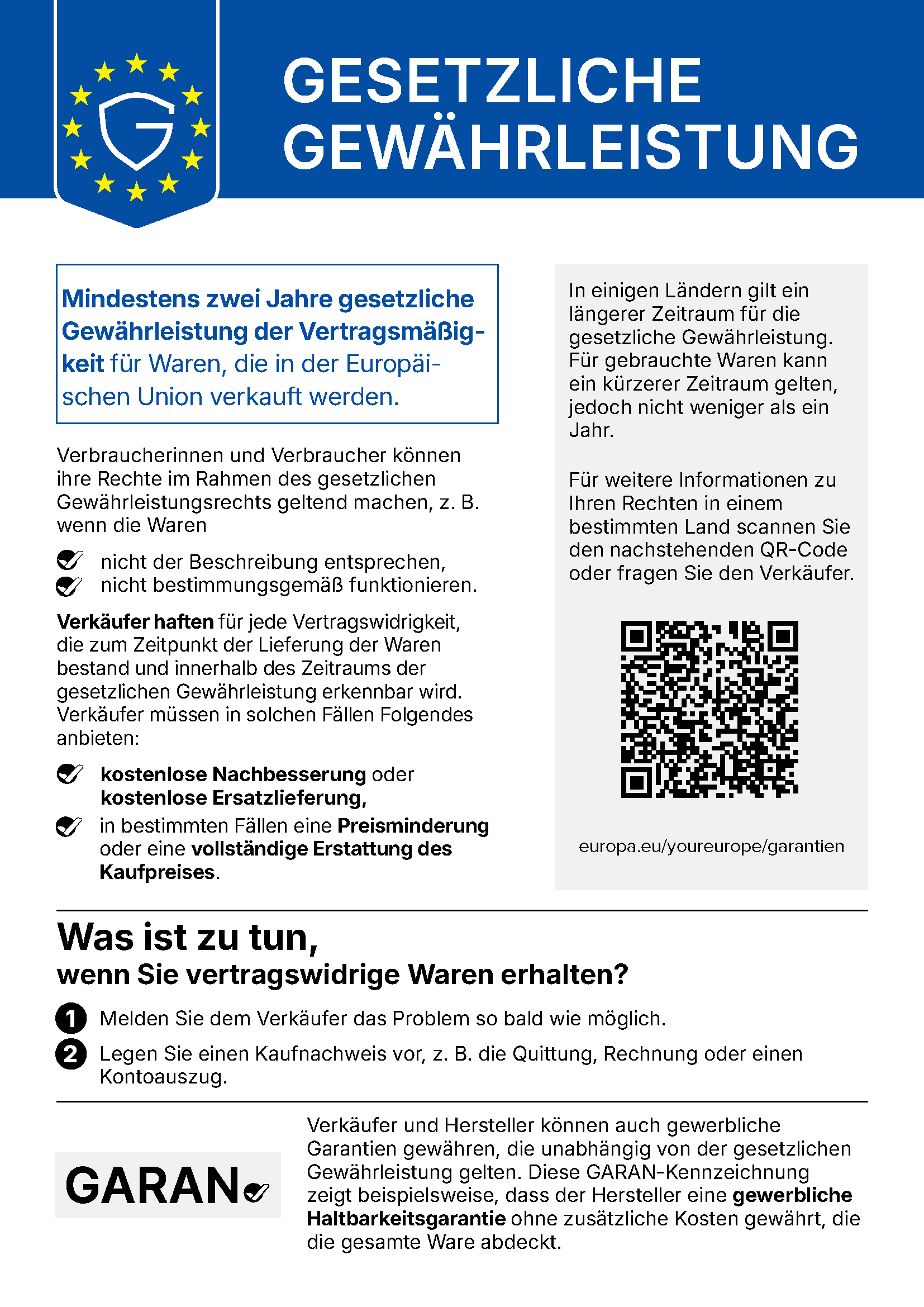 Gesetzliche Gewährleistung – Informationen für Verbraucher